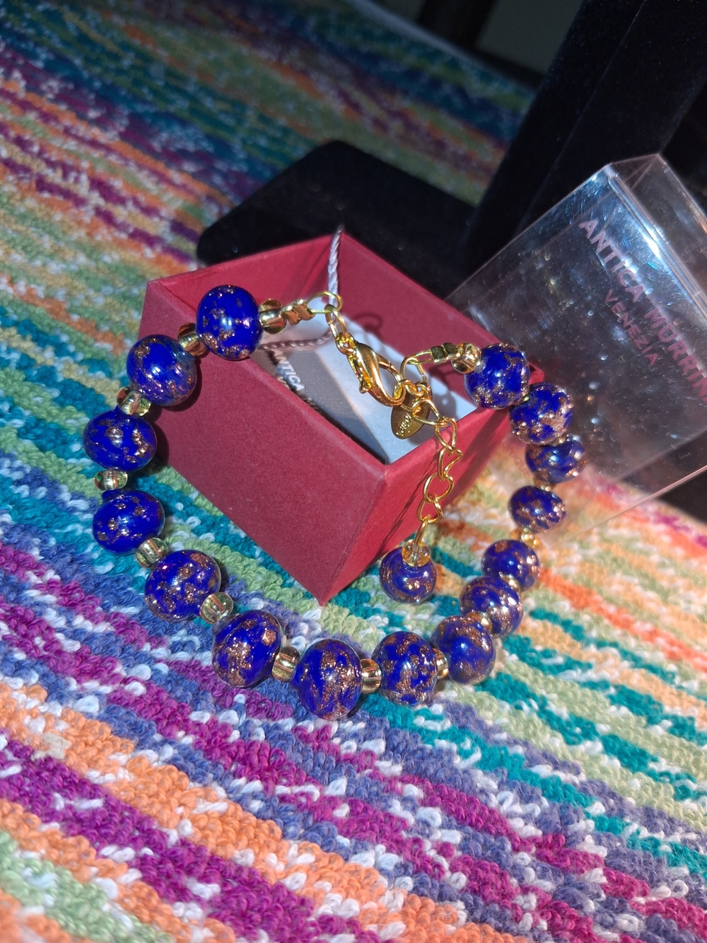 Antica Murrina Venezia Venetian Glass Gold Foil Blue Bead Bracelet In Box